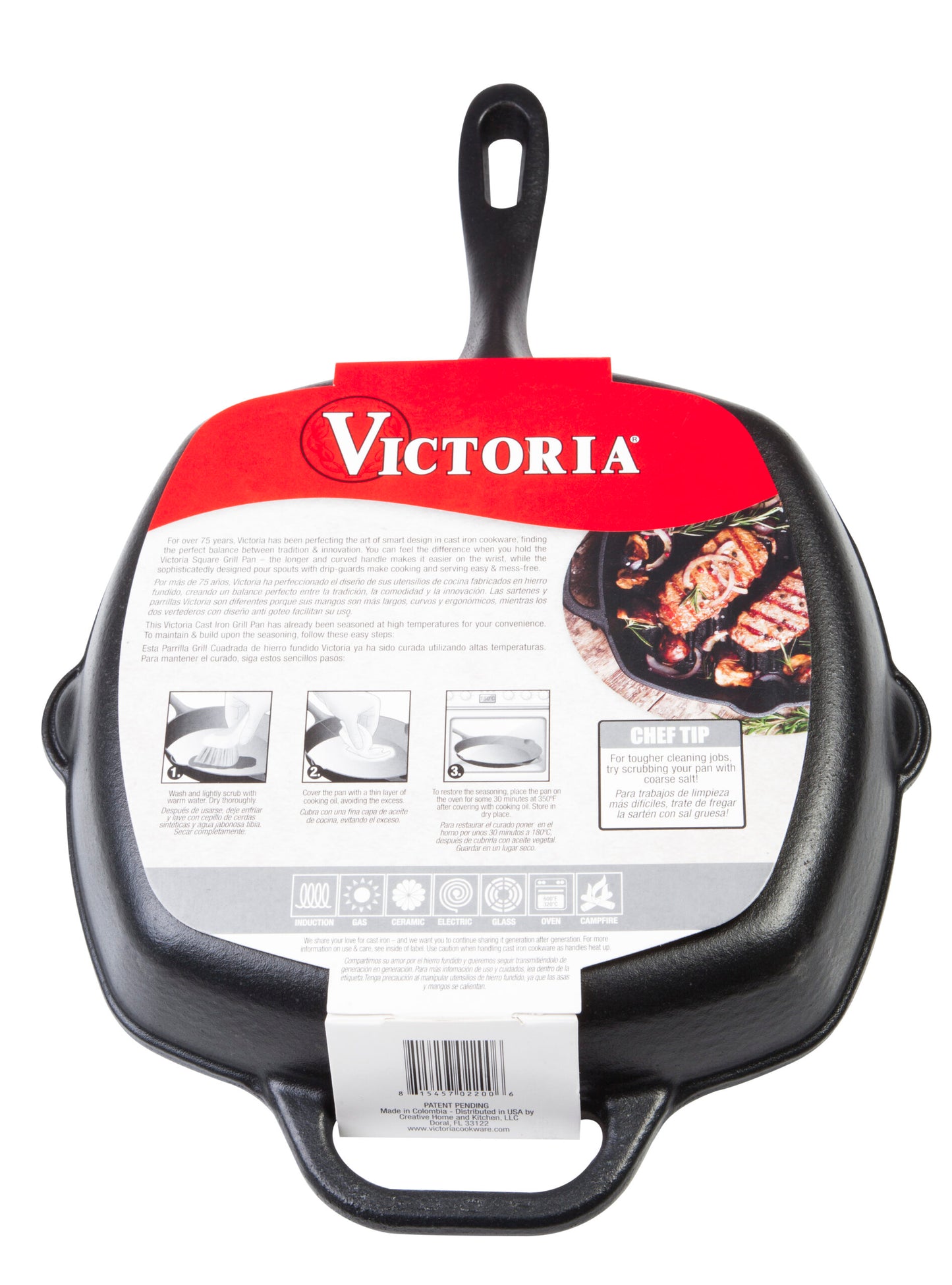 Victoria Cast Iron Square Grill Pan Seasoned 26cm